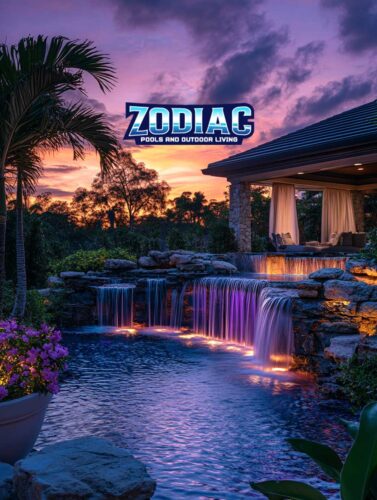 A stunning tropical backyard pool by Zodiac Pools & Outdoor Living, featuring cascading rock waterfalls illuminated by colorful LED lights at sunset, surrounded by palm trees, lush landscaping, and a cozy covered lounge area.