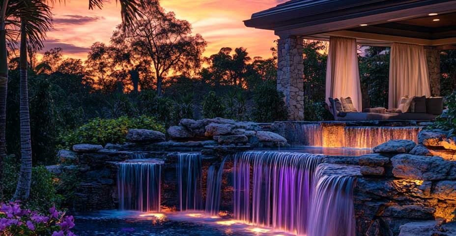 A stunning tropical backyard pool by Zodiac Pools & Outdoor Living, featuring cascading rock waterfalls illuminated by colorful LED lights at sunset, surrounded by palm trees, lush landscaping, and a cozy covered lounge area.