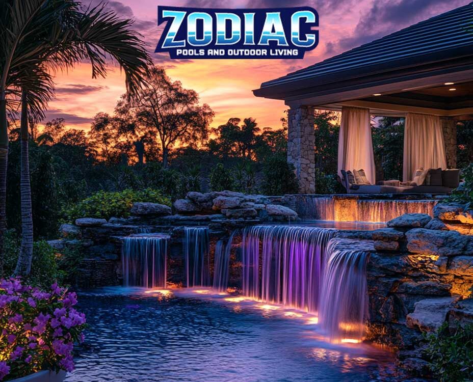 A stunning tropical backyard pool by Zodiac Pools & Outdoor Living, featuring cascading rock waterfalls illuminated by colorful LED lights at sunset, surrounded by palm trees, lush landscaping, and a cozy covered lounge area.
